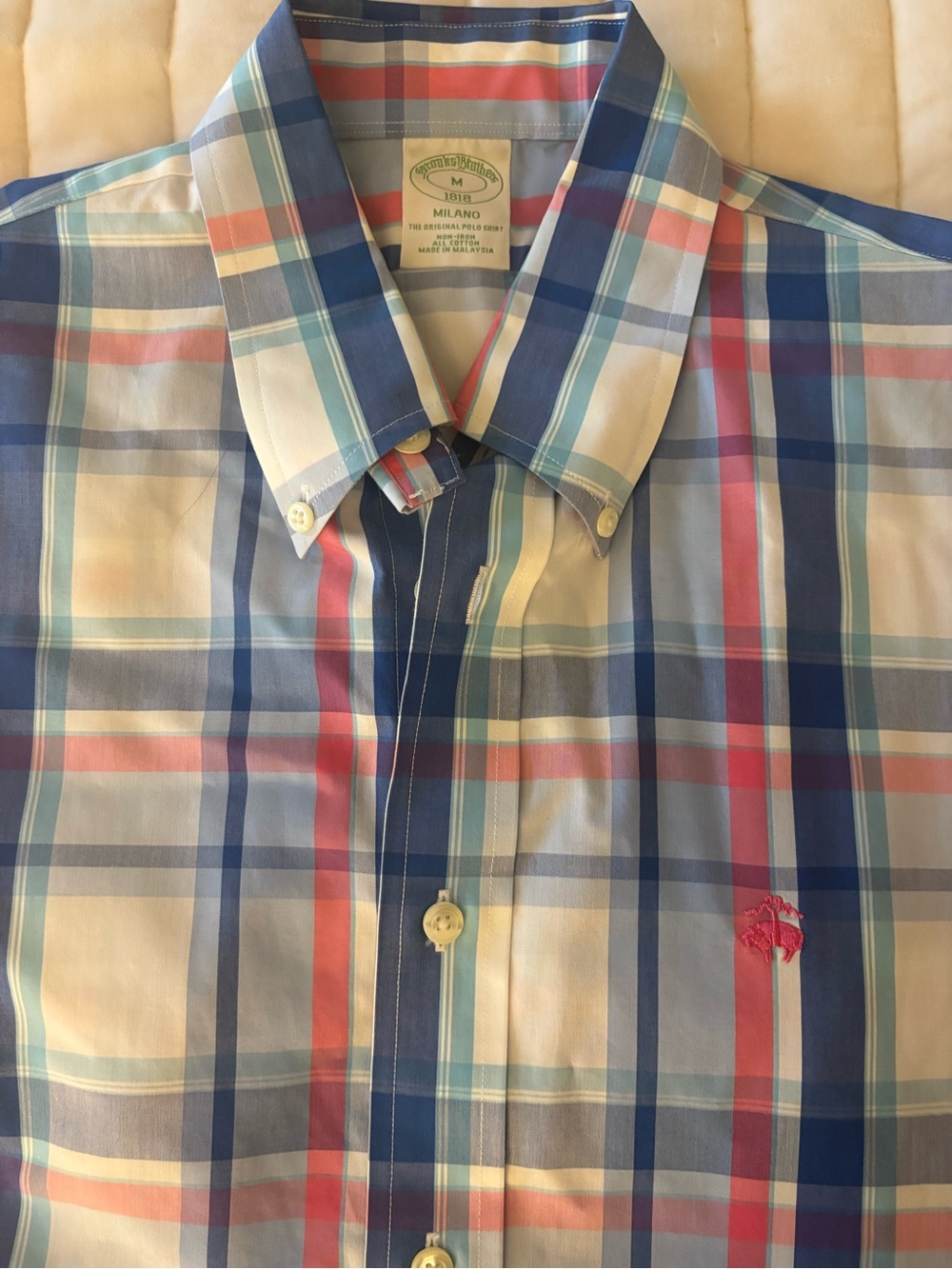 Brooks Brothers Men's Multi-Color Plaid Button-Down Shirt — Blue & Pink Accents